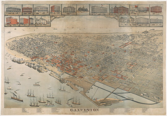 A color print showing a birds-eye-view of a coastal city with illustrations of prominent buildings in separate frames across the top.