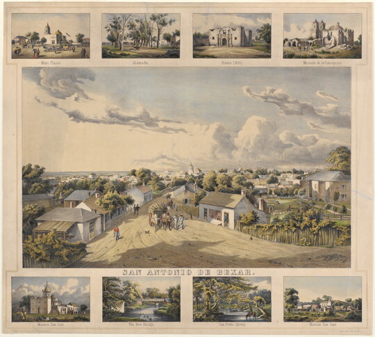 A color print of a street lined with houses and horses pulling a wagon with the title "San Antonio de Bexar" with four smaller scenes above labelled: "Main Plaza," "Alameda," Alamo (1856)," "Mission de la Concepcion" and four smaller scenes below labelled: "Mission San Jose," "The New Bridge," "San Pedro Spring," "Mission San Juan."