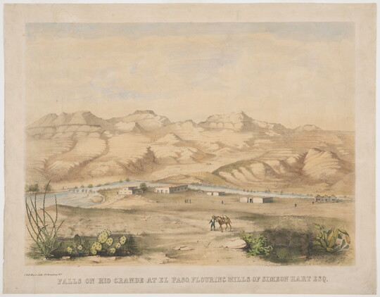 A color print of a mountain landscape and a river running through a small town.