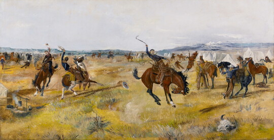 An oil painting of cowboys riding bucking horses, with a large camp of tents, cowboys, and horses in the background.