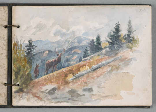 A watercolor sketch in a ringed notebook of two elk on a mountainside.