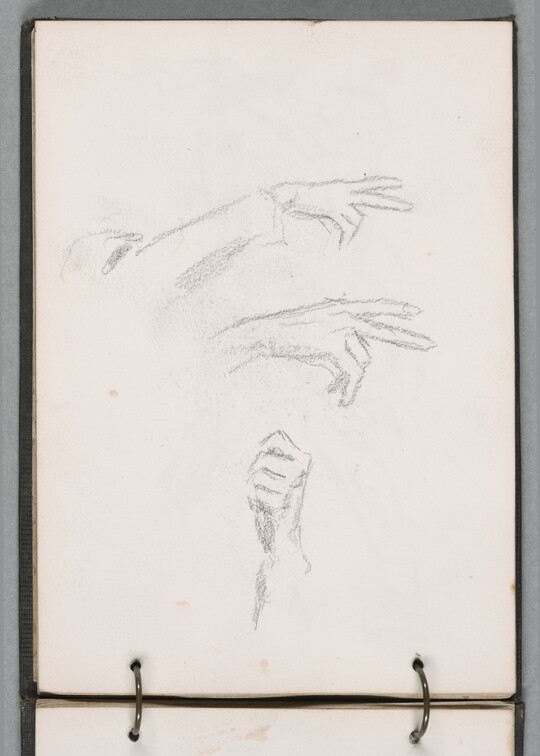 Pencil sketches of three hands in various positions in a ringed sketchbook.