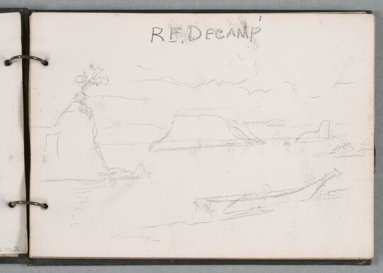 A faint pencil sketch in a ringed notebook of a landscape.