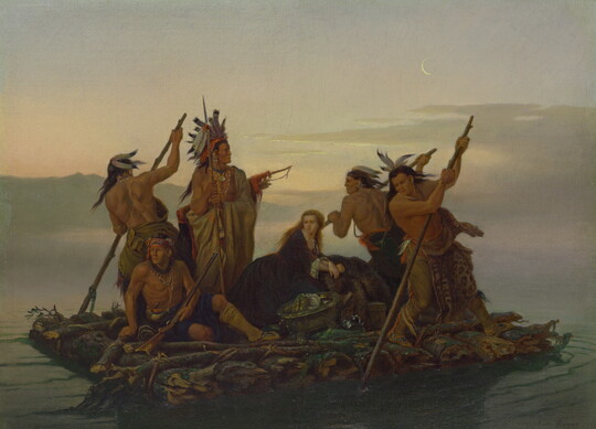 An oil painting of Indigenous people rowing a log raft on which sits a White woman.