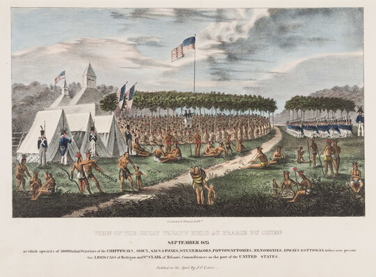 A color print of a large group of Indigenous figures listening to two White men at a podium, a group of soldiers seated in chairs next to them, and in the foreground, Indigenous people in various activities in front of three white tents.