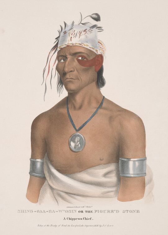 A color print of an Indigenous man wearing a white cap with feathers sticking up from it, red face paint, a silver medallion around his neck, silver arm bands, and a white cloth wrapped around his torso.