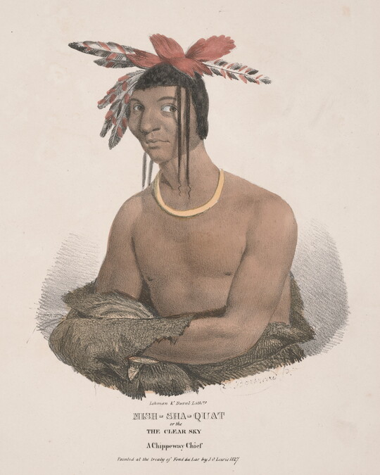 A color print of an Indigenous man, red, white, and black feathers on his head, braids hanging at the side of his face, wearing a gold necklace, torso and arms wrapped in furs.