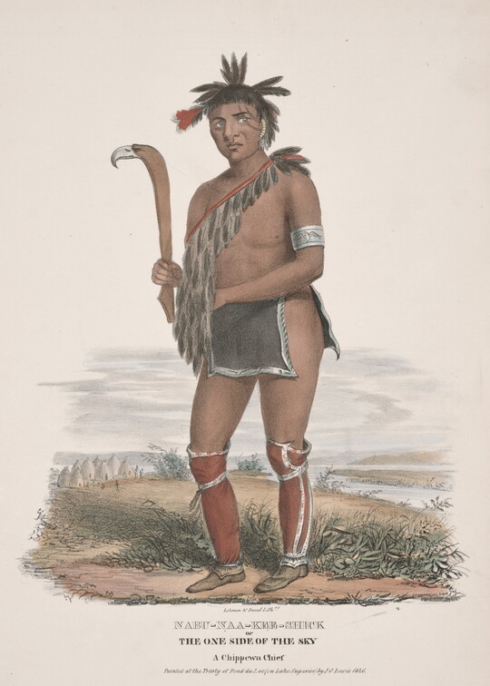 A color print of an Indigenous man, black feathers on his head, a ring in his septum, wearing a sash of feathers, a loincloth, and red leggings, holding a short stick with a bird head on the top.