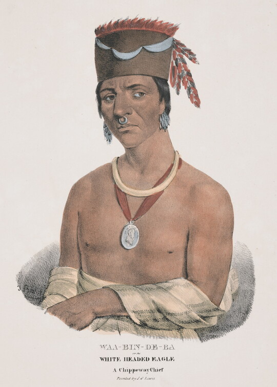 A color print of an Indigenous man wearing a fez-like hat decorated with feathers and ribbons, silver earrings and septum ring, a silver medallion and a gold necklace, white cloth wrapped around his torso and arms.