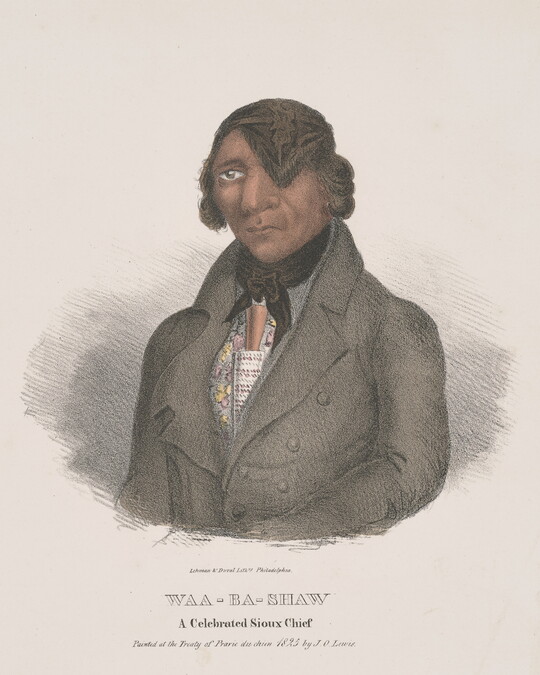 A color print portrait of an Indigenous man wearing a headband that covers one eye, a gray jacket, black scarf, and patterned shirt.