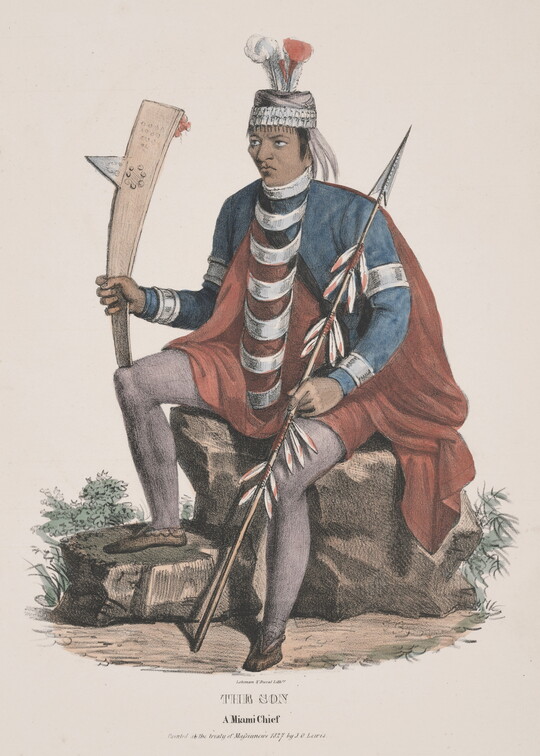 A color print of a seated Indigenous man wearing a beaded cap with red and white feathers, red and blue tunic with a white ladder-like necklace, a spear in one hand and a war club in the other.