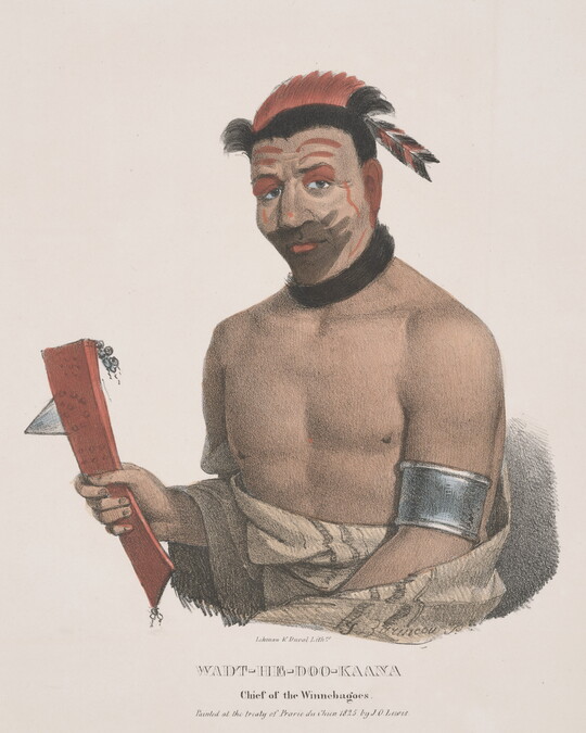 A color print of an Indigenous man, red and black feathers on his head, red and black markings on his face, black necklace, silver arm bands, holding a red war club.