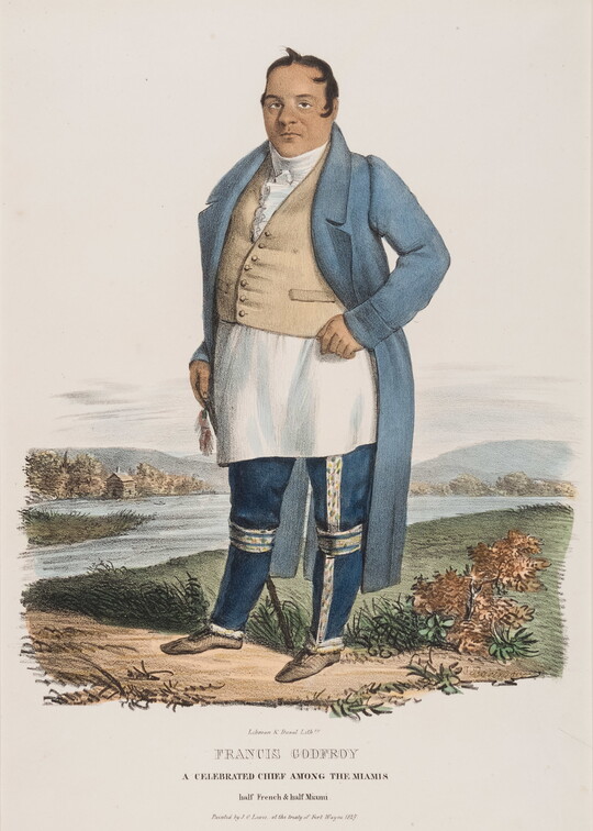 A color print of a light-skinned man wearing a long white shirt under a vest, a long blue coat, and dark blue pants on the bank of a river.