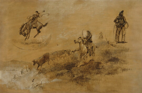 A painting featuring multiple vignettes: a cowboy on a bucking bronco, a cowboy herding cattle, and a standing cowboy with a rope looped around one arm.