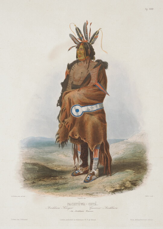 A color print of an Indigenous man with feathers in his hair, draped in a fringed animal skin blanket over beaded leggings and moccasins.