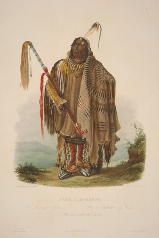 A color print of an Indigenous man with a single feather in his dark hair, wearing an animal skin tunic and a blanket draped over one shoulder, cradling a long pipe in one arm.