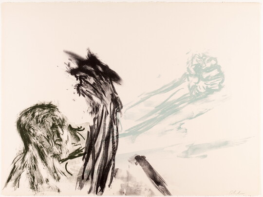 A color sketch-like print of a person punching their left fist out and holding their right fist up.