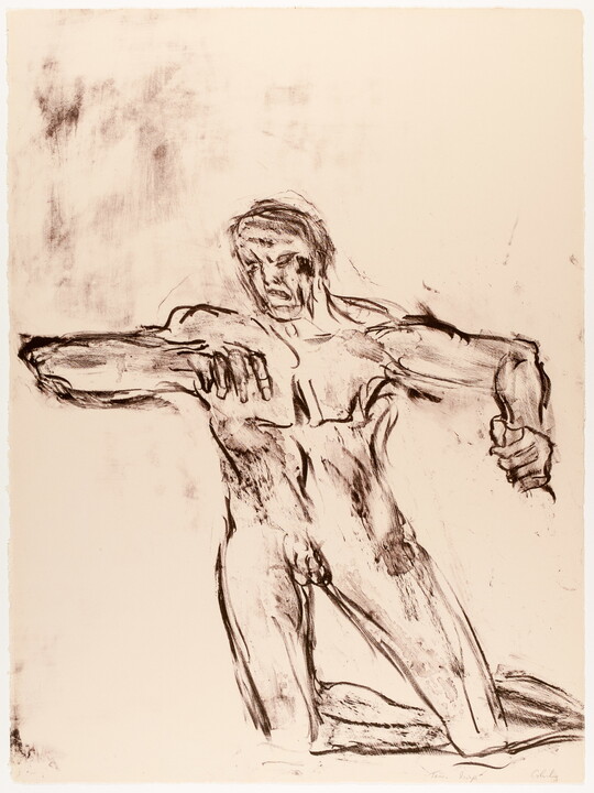 An abstract black-and-white print of a kneeling nude man in a sketch-like style.
