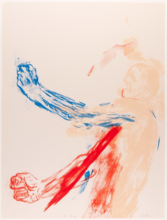 An abstract color print of a faintly-colored man with blue left arm and red right arm; a stream of red blood flows from his upper right torso.