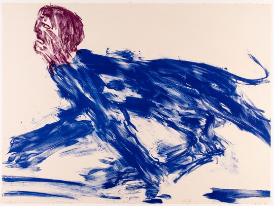 An abstract color print of a creature with a blue animal-like body and a red human-like head.