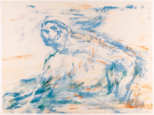 An abstract color print of a blue, animal-like form on all fours with orange and green accents.