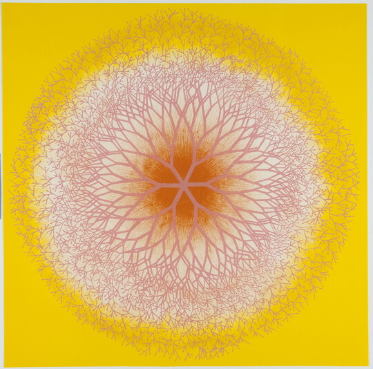 A color print of a stylized pink and white blooming plant, made up of a kaleidoscope of geometric shapes, on a bright yellow background.