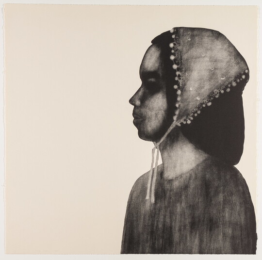A black-and-white print of a young girl in profile with a kerchief tied around her head.