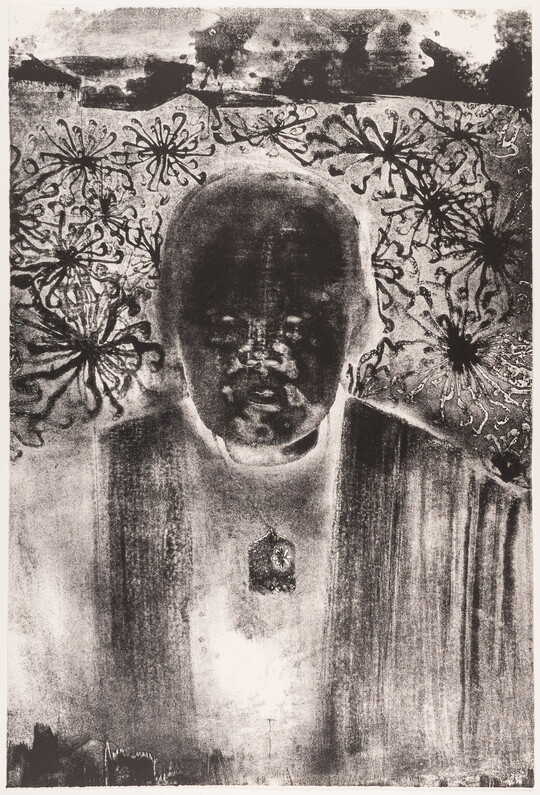 A black-and-white print of an abstracted man with Asian features, a dark face on a light background filled with flower-like black shapes.