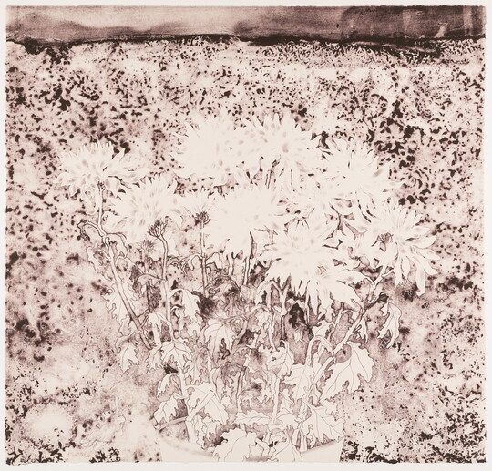 An abstract black-and-white print of a field of blooming chrysanthemums.