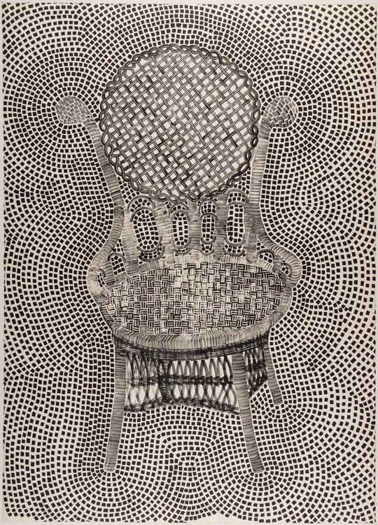 A black-and-white abstract print of a chair with lots of dots radiating out from the chair off the page.