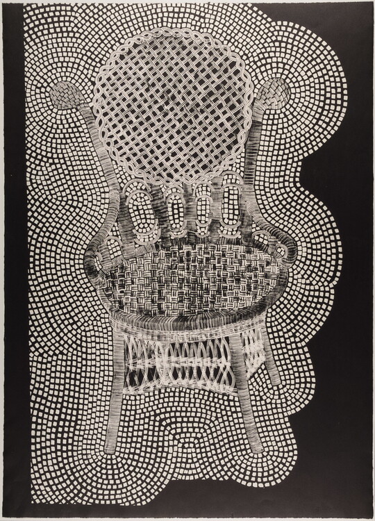 A black-and-white abstract print of a chair with lots of dots radiating out from the chair to a black background.