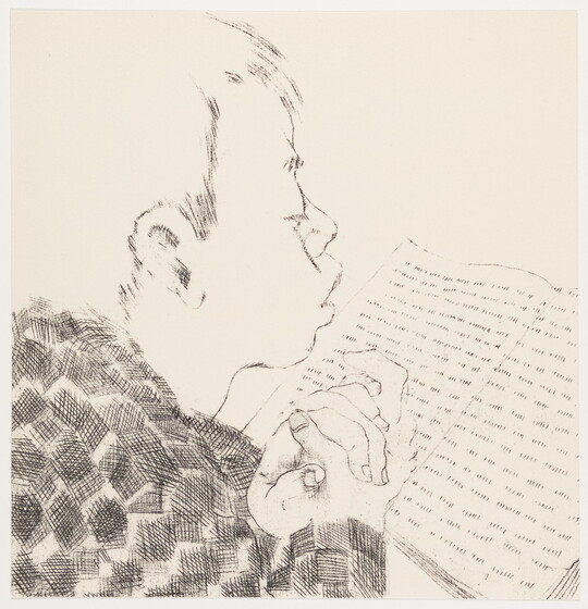 A black-and-white print of a young boy reading a book with his hands clasped together.