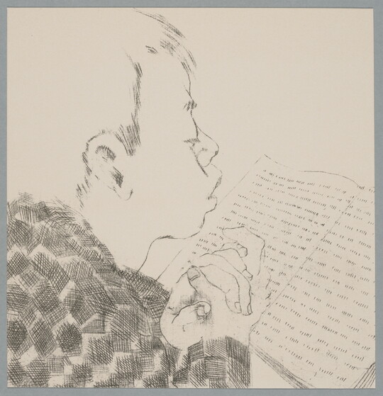 A black-and-white print of a young boy reading a book with his hands clasped together.