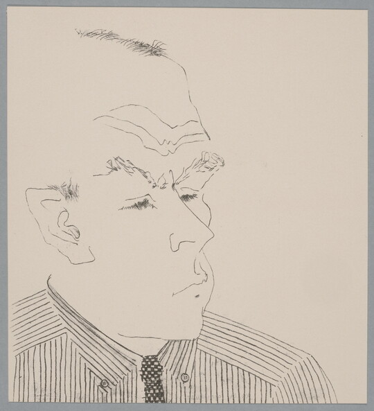 A black-and-white print of a line drawing of a White man with bushy eyebrows wearing a striped shirt and tie.