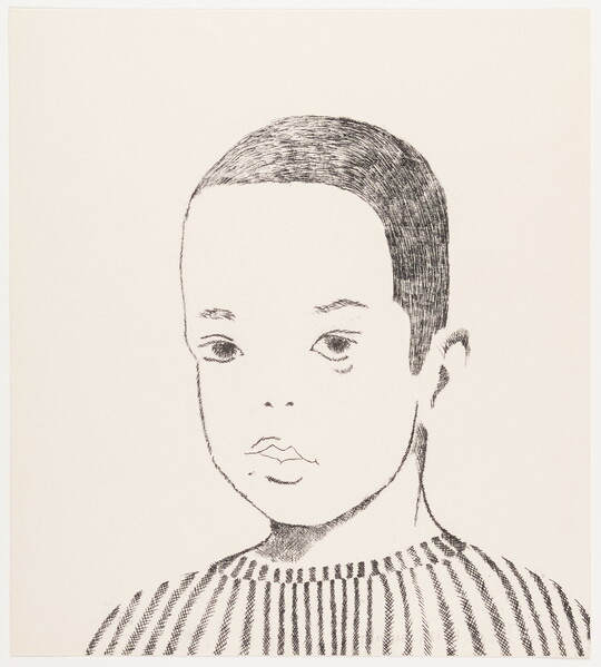 A black-and-white print of a line drawing of a boy with short, dark hair wearing a striped shirt.