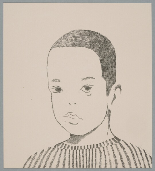 A black-and-white print of a line drawing of a boy with short, dark hair wearing a striped shirt.