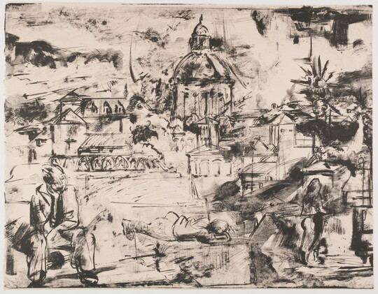 A black-and-white print of a cityscape, buildings, a monument, and people including a man sitting on a bench and a person lying down, all in a sketchy style.