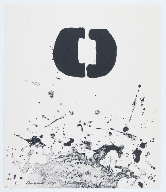 A black-and-white abstract print of splatter and drip-like shapes under two black half-circle-like shapes that together create a rectangle in their centers.