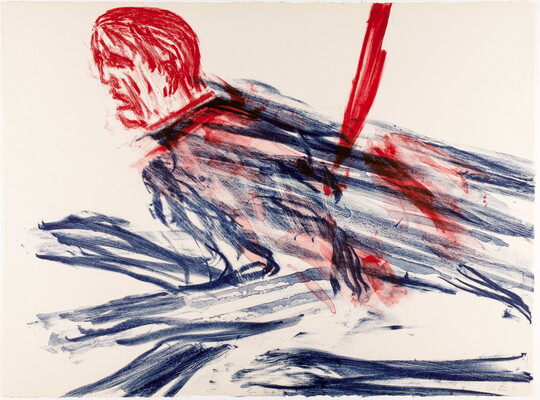 An abstract color print of a man's head in red attached to a scratchy, blue animal body with a red knife above its back.