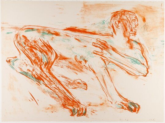 An abstract color print of a creature with an animal body and a human head in drawn in sketchy orange strokes.