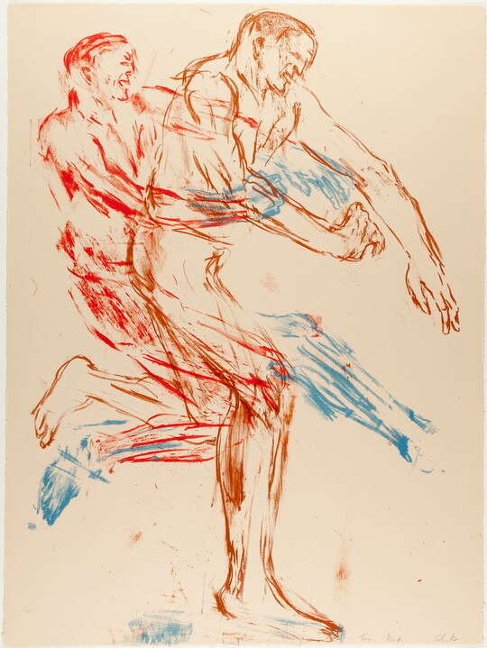 An abstract color print of two nude men, one in red grabbing the other one in brown around the waist.