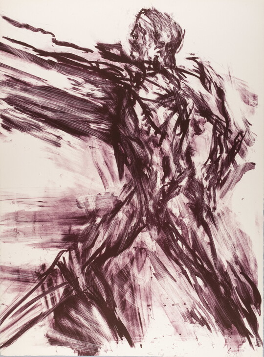 An abstract color print of a nude male figure, drawn in purple, throwing a punch to the left.