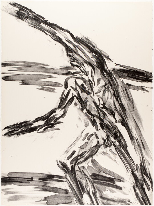 An abstract black-and-white print of a nude man extending one arm above his head as he lunges forward.