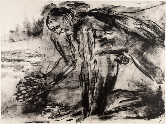 An abstract black-and-white print of a nude man bent over on his knees with a distressed look on his face.