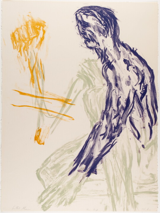 An abstract color print of a purple, gray, and yellow person drawn in a painterly style.