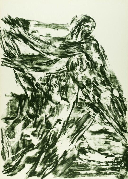 An abstract color print of several dark green huddled human figures with their arms raised to suggest movement.