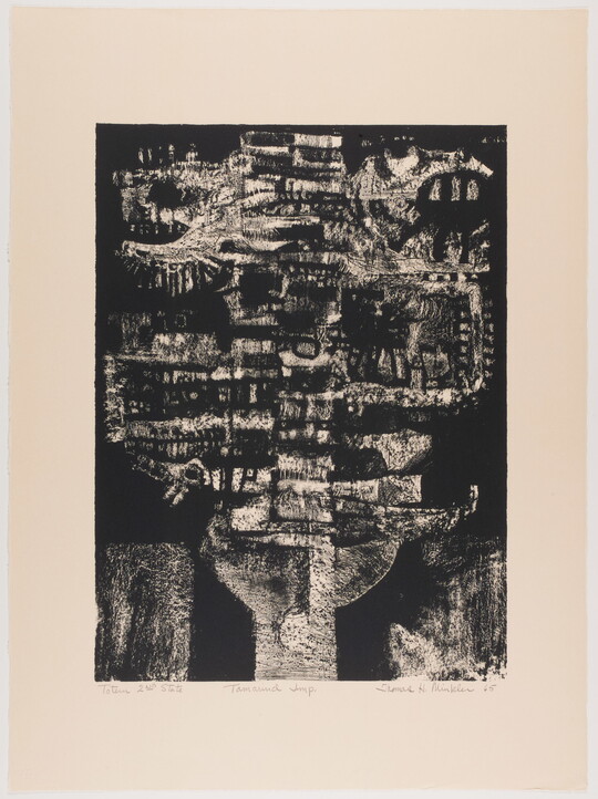 A black-and-white abstract print of organic shapes and impressions that create a vaguely tree-like shape.