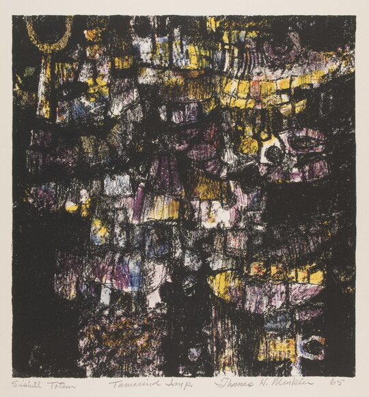 An abstract color print of mostly black with splotches of yellow, white, purple, and blue throughout.
