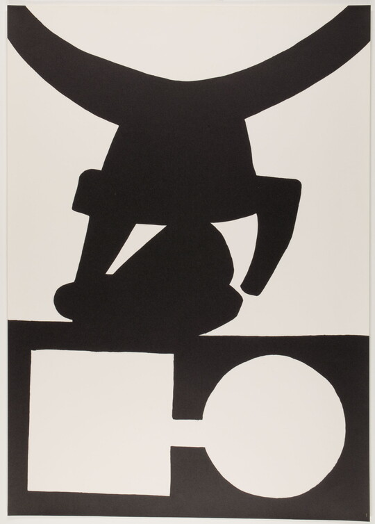 A black-and-white print of abstract geometric and curved shapes stacked on top of one another.