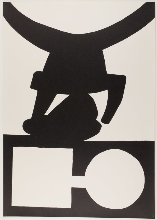 A black-and-white print of abstract geometric and curved shapes stacked on top of one another.